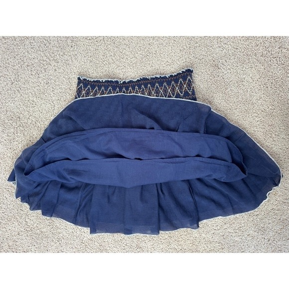 Free People Navy Blue Smocked Embroidered Tiered Ruffle Mini Skirt Boho Womens - Picture 6 of 11